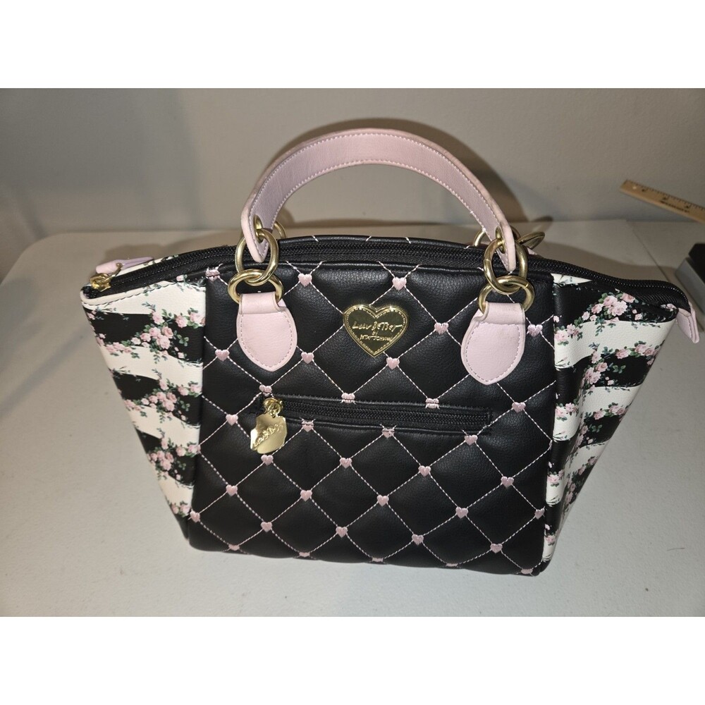 Luv Betsey Johnson Quilted Floral Stripe Satchel Handbag Pink Heart Stitching
